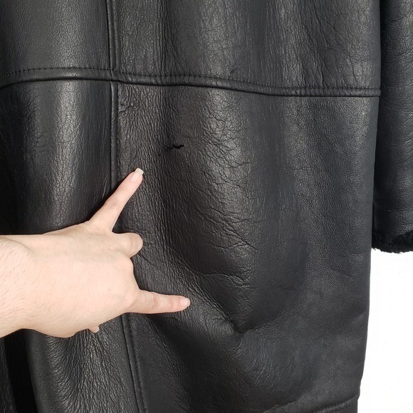 Vintage Patmos Long Leather Shearling Coat Womens Large Black Trench Full Length - Picture 10 of 16